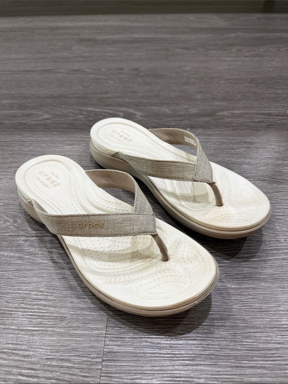CROCS Women's Beige Dual Comfort Thong Sandals